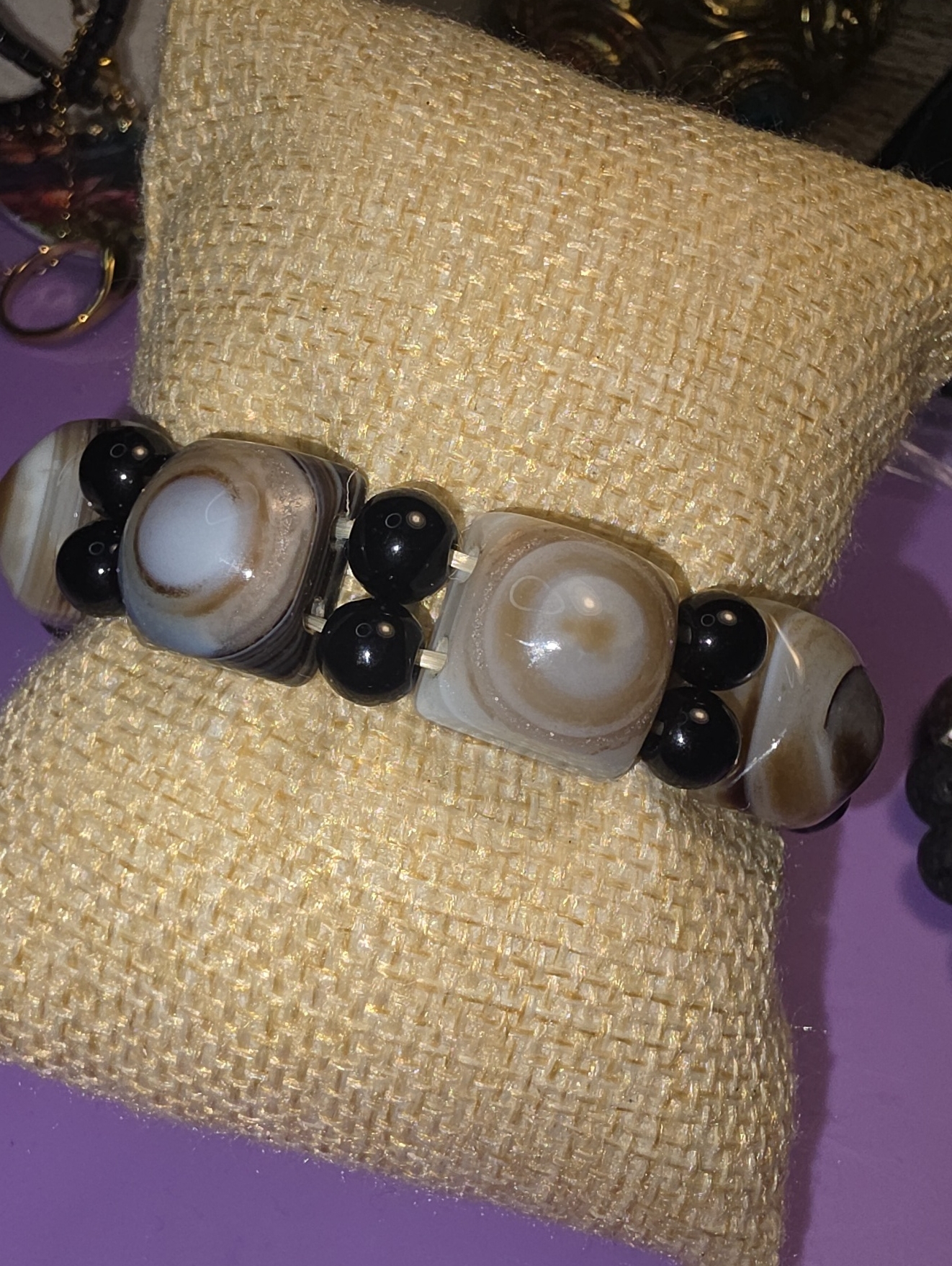 Banded Agate And Black Onyx/Obsidian Stretch Panel Bracelet